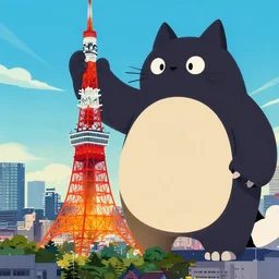 mcbess illustration of a giant cat monster attacking tokyo tower