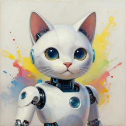 robotic cat portrait an oil painting splashes with many colors and shapes by gustav klimt greg rutkowski and alphonse mucha, polycount, generative art, psychedelic, fractalism, glitch art