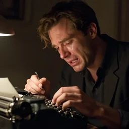 Crying while writing his testament at a typewriter, night 1965, artstation, concept art, donato giancola, Joseph Christian Leyendecker, WLOP, Boris Vallejo, Breathtaking, 8k resolution, extremely detailed, beautiful, establishing shot, artistic, hyperrealistic, octane render, cinematic lighting, dramatic lighting, masterpiece, light brazen, extremely detailed and beautiful face