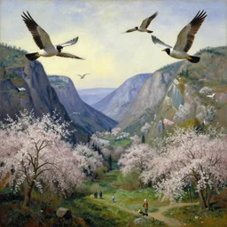 a valley with trees in flower. giant birds flying. full - length, oil painting in a modern style, very detailed, painted by caravaggio, greg rutkowski, sachin teng, thomas kindkade, enki bilal, tony sandoval, norman rockwell.