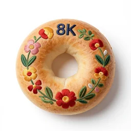 embroidered bagel, 8k product photo, isolated on a pure white background, centered, entire object in frame, sharp focus, soft studio lighting