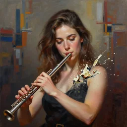 a portrait of a beautiful woman smashing apart a flute, digital painting masterpiece, highly detailed, advanced lighting technology, hyperrealism, deep focus, abstract expressionism background, symmetry!, by david galopim, ashley lovett, santafung, artoftu, spadjm, robaato, raines - tu