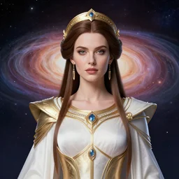 portrait of the powerful empress of the solar system in the style of anna dittmann and in the style of jeremy mann. glowing, ornate and intricate linework, stunning, dynamic lighting, ultrafine and hyperdetailed.