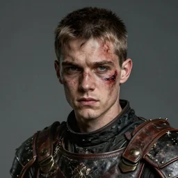 portrait painting of a bitter young man with severe burn scars on his cheek and uneven very short hair wearing tattered leather armor, ultra realistic, concept art, intricate details, eerie, highly detailed, photorealistic, octane render, 8 k, unreal engine. art by artgerm and greg rutkowski and charlie bowater and magali villeneuve and alphonse mucha