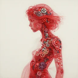 digital, 2 dmatte, painting, illustration, abstract, illustration art, photoshop, fantasy, matte painting, abstract, red woman, intricate lines, made of tiny gears and robot parts