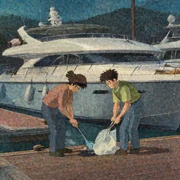 men cleaning and maintaining a docked yacht at the port, studio Ghibli, Pixar and Disney animation, sharp, Rendered Unreal Engine 5, film key art, Greg Rutkowski, Bloom, dramatic lighting