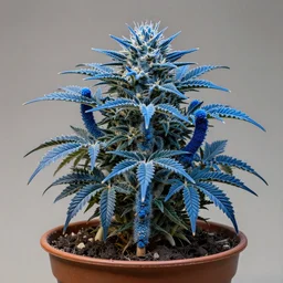 a photograph of a blue fantasy futuristic beautiful dangerous sci fi hybrid tropical desert mutant weird exotic poisonous flora plant cannabis in a pot, hyper realism, octane render, 8 k, hyper detailed, vivid, ultra detailed, highly detailed