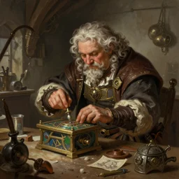an epic fantasy comic book style portrait painting of a an old tinker fat man working on a device in her workshop, d & d, fantasy, intricate, elegant, highly detailed, digital painting, artstation, concept art, matte, sharp focus, illustration, art by artgerm and greg rutkowski and alphonse mucha