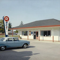 1 9 6 0 s americana painting of a motel with a car parked outside by norman rockwell, panovision