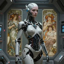 ultra realistic, beautiful female cyborg in a space capsule, sci-fi, cyberpunk, concept art, intricate details, eerie, highly detailed, octane render, 8k, art by artgerm and alphonse mucha and moebius