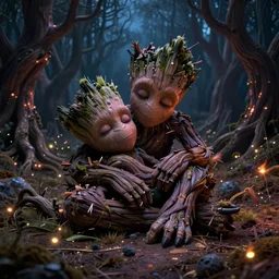 a stunning ultra detailed fantasy fine art photo of a sleeping groot in a barren sinuous forest surrounded by fireflies, by tomasz alen kopera and anna dittman, night, very detailed, deep depth of field, 3 5 mm lens, soft lighting, artstation, highly coherent, 8 k
