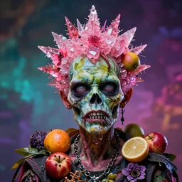 ultra realistic portrait of a punk rock zombie with pink crystalline hair made out of flowers and fruit, vanitas, multicolored background, vivid colors, dramatic lighting, intricately detailed, photorealistic, frank frazetta, epic lighting, whimsical