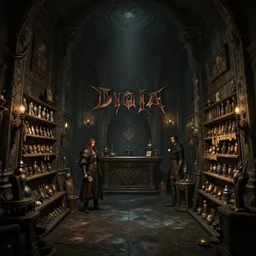 dark dreamy shop interior by bastien lecouffe - deharme and charles bowater, greg rutkowski, adventure game, inspired by diablo concept art