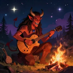 Ethnic demons making music on a campfire on the night, colourful stars on the sky, trending on Artstation