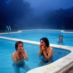 crying people, the vintage swimming pools, lush fog, deep blue mood, colorful, contemporary archival color photograph print from the original negative, by stanley kubrick