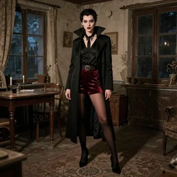cobie smulders posing as a vampire in fashion clothing in a rustic apartment during night