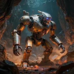mechanoids mining resources in a cyberpunk cave with minimal lighting in the style of thomas cole, cinematic lighting, raytracing, 8 k, octane render, volumetric, vivid, beautiful, hyperrealism