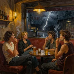interior of night cafe with people sitting on a couch smoking cigarettes and drinking beer during a thunderstorm outside, oil painting, warm colors, dark background, highly detailed, high contrast,