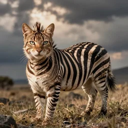 a hybrid with features of a cat and a zebra
