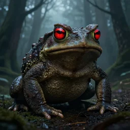 giant evil monsterous toad in the dark forest, glowing red eyes, toads, foggy, atmospheric, highly detailed, hyperrealistic, gothic horror, trending on artstation, digital art, dark fantasy