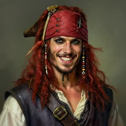 portrait of a young ruggedly handsome but joyful pirate, male, masculine, upper body, red hair, long hair, d & d, fantasy, fierce, sharp features, intricate, elegant, highly detailed, digital painting, artstation, concept art, matte, sharp focus, illustration, art by artgerm and greg rutkowski and alphonse mucha