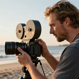 a closeup photorealistic photograph of wayne gretzky operating a film camera at the beach during sunset. bright scene. fine detail. this 4 k hd image is trending on artstation, featured on behance, well - rendered, extra crisp, features intricate detail, epic composition and the style of unreal engine.
