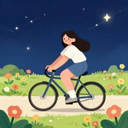 happy beautiful female cartoonish image cycling through interstellar flowers field