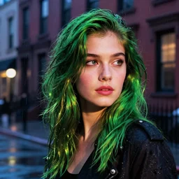night flash portrait photography of a young woman with green hair on the lower east side by annie leibovitz, colorful!!, nighttime!, raining!