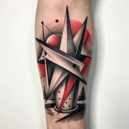 photorealistic trash polka tattoo with suprametism of kazimir!!! malevich!!!, fine drawing red and black thin strokes
