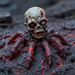 a macro photo of a zombie made of lava,