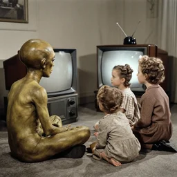 An alien watching television with his alien family. 1940s photograph.