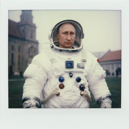 giant oversized cladimir putin in white spacesuit, in legnica, medium shot, very realistic, documentary, cinematic focus, polaroid photo, vintage, neutral colors, soft lights, foggy, by gregory crewdson