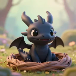 a portrait of a cute happy tiny black chibi dragon in a nest, black eyes, artstation, by magali villeneuve, dreamworks, depth of field, beautiful lighting, pastel colors, bokeh, fantasy art