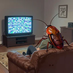 large pov zombie roach - man sitting on a whole couch watching tv static by greg rutkowski and chet zar, horror movie poster, hyper realist face, photo realistic, satanic, award - winning, museum worthy tool music video, post - processing 8 k