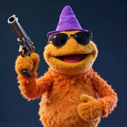 bip bippadotta from the muppets as a wizard, fuzzy orange puppet, in fortnite, wearing sunglasses, holding a gun, 3 d unreal engine render