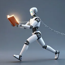 running robotic humanoid grabbing a glowing book and pulling chains
