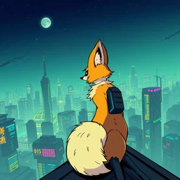 a cyberpunk anthropomorphic fox with a fluffy tail staring over a futuristic city from the top of a roof, comic art, trending on furaffinity, cyberpunk, backlighting, cartoon