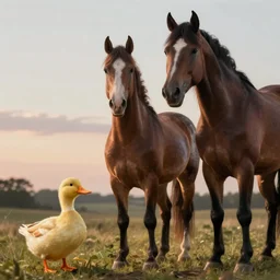 a horse the size of a duck, stood next to a duck the size of a horse, evening light, cinematic photography, digital painting, volumetric light, concept art, trending on artstation, digital Art, fantasy art
