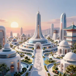 highly detailed artstation style artstation form by futristic utopian artist, Utopia, sunrise over the perfect city-state, futuristic blends with natural-beauty, Greek and Japanese architecture