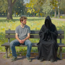 man sitting on park bench next to the grim reaper peaceful oil painting by Lawrence G. Paull sunny afternoon