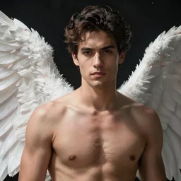 beautiful male angel, Latino, asymmetrical face, ethereal volumetric light, sharp focus