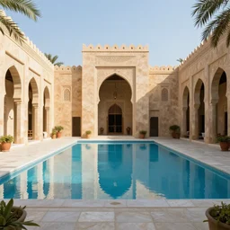 arabian pool, old architecture, luxury, photorealistic, high details, octane render