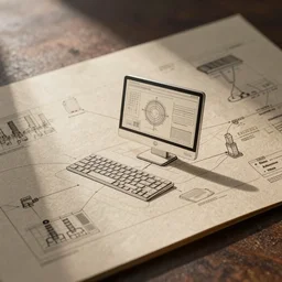 a diagram of a ai computer on beige paper, layout design, landscape, blueprint, diagram, paper texture, uplight