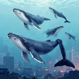 whales in the sky above the city, digital art