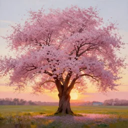 Beautiful cherry-tree in sunset, digital art, magnificent, painting, vibrant by Patrick Faulwatter, Andrée Wallin, Sylvain Sarrailh