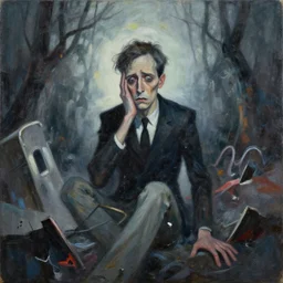 abstract painting of alex jones looking worried as his life collapses into the lovecraftian void around him