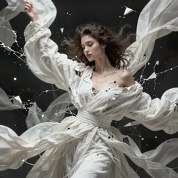 a highly detalied digital image of a shattering futuristic woman elegantly tangled in white linen, by Andrew Chiampo, artstation, and Frederik Heyman, extremely detailed woman, stunning volumetric lighting, hyper realism, fantasy 4k