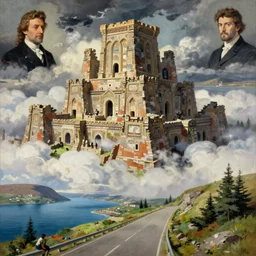 painting by sargent and leyendecker and greg hildebrandt, james gurney, apollinaris vasnetsov, savrasov levitan polenov, studio ghibli style, huge old ancient ruins giovanni paolo panini, above the layered low clouds road between big lake coast sea bay view faroe azores scotland overcast storm masterpiece