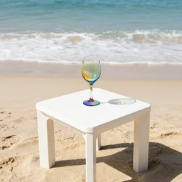colorful wine glass on a colorful tropical minimalist white table on the sandy beach with sea foam waves