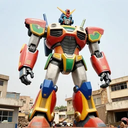 colourful giant mecha ROBOT of AJEGUNLE_SLUMS of Lagos, writing on robot,